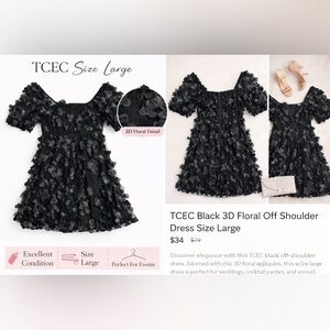 TCEC Black 3D Floral Off Shoulder Dress Size Large